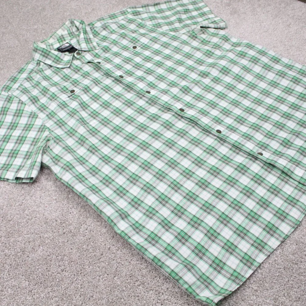 The North Face Shirt Mens XL Green/Gray Plaid Short Sleeve Cotton/Poly Button‎